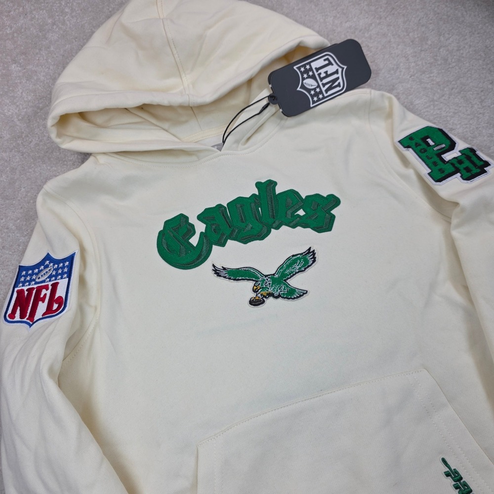 Pro Standard Philadelphia Eagles Hoodie Kids M 10/12 Chenille Patch Cream Cotton
